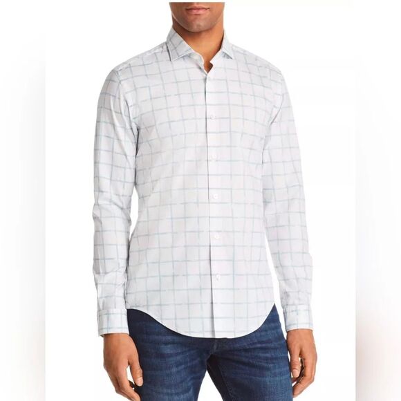 BOSS Ridley Grid Slim Fit Button-Down Shirt White/Blue Size XXL - Picture 1 of 8